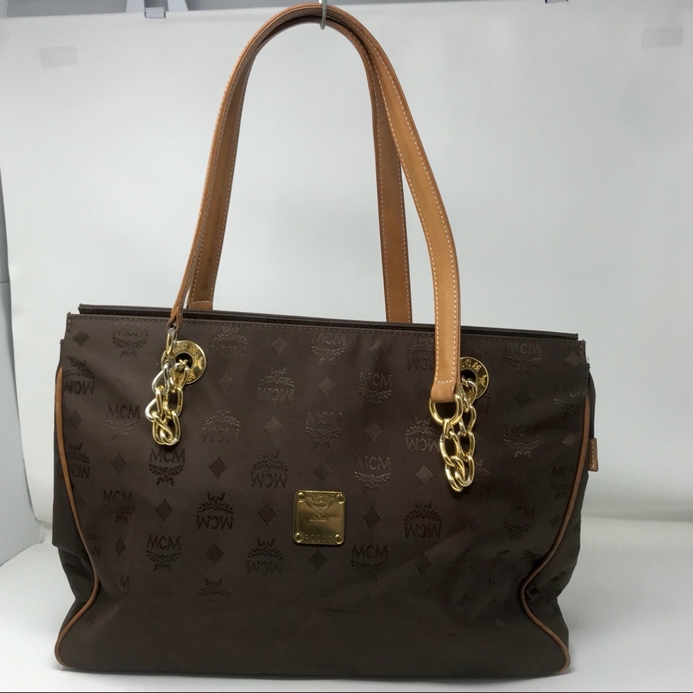 MCM Brown Visetos Tote with Half-Chain Strap